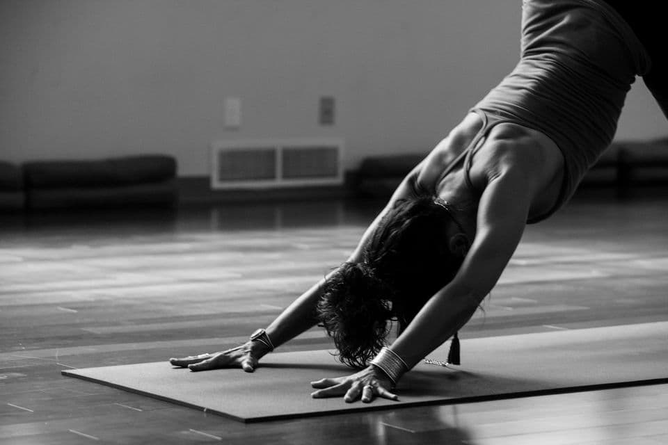 Downward facing dog in black and white